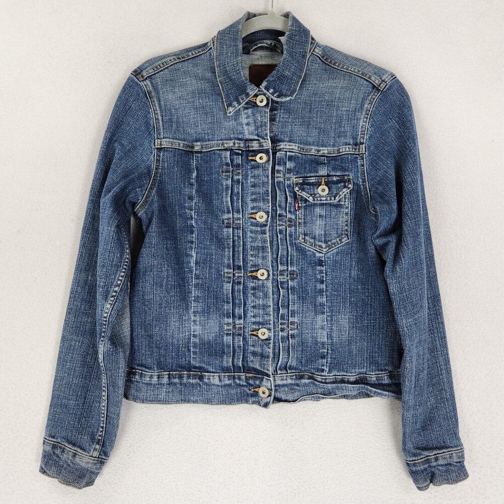 Levis Jacket Womens XS Blue Denim Pintuck Trucker Button Front Jean Classic